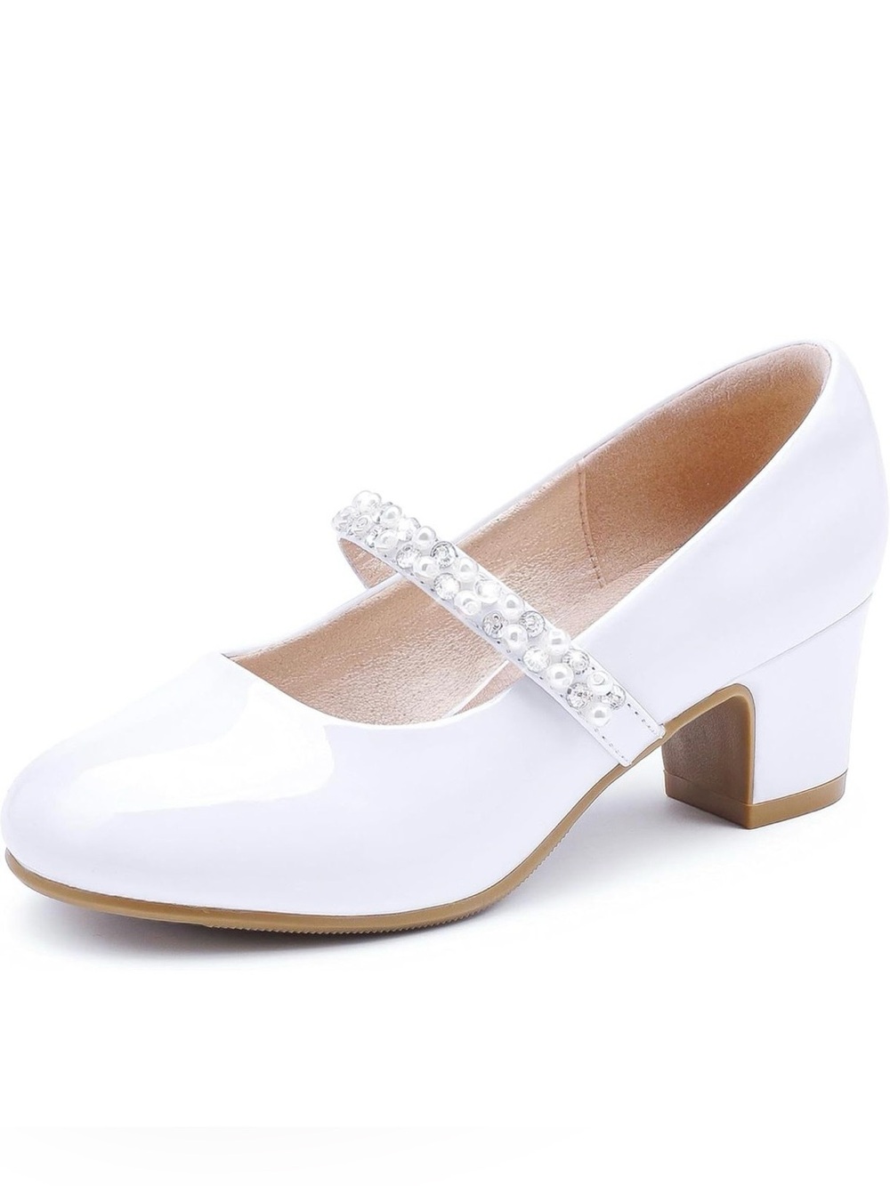 Laurmosa White Patent Mary Jane Flower Girl Heels with Pearl Strap - Girls’ 13